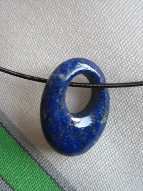 LAPIS LAZULI-PENDENTIF OVAL21x12mm-DOUGNUT-MINERAUX-PIERRE+ JONC ACIER NOIR-NEUF