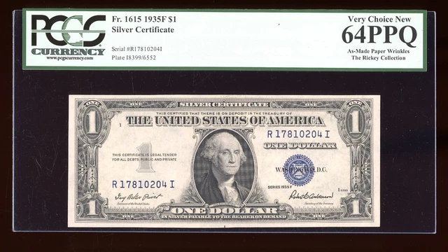 DBR $1 1935-F Silver Fr. 1615 RI Block PCGS 64 PPQ Serial R17810204I