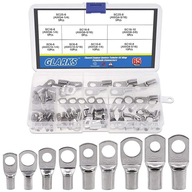 Assortiment De 65 Cosses De Câble De Batterie En Cuivre Étamé Avec Œillets Tubul