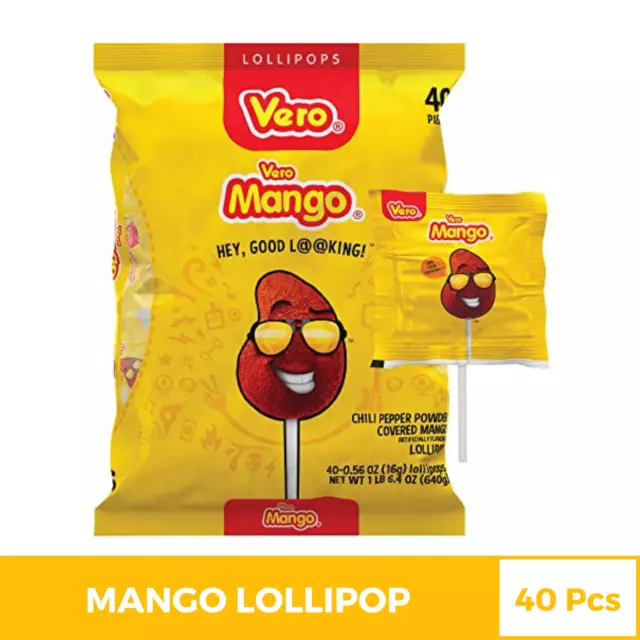 Vero Mango Mexican, Chili Covered Mango Flavored Lollipops, 40 Paletas, 40 Pcs