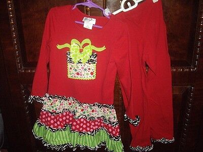 EUC Girls 6 Emily Rose 2pc Present Mixed Prints Christmas Dress Leggings TWINS