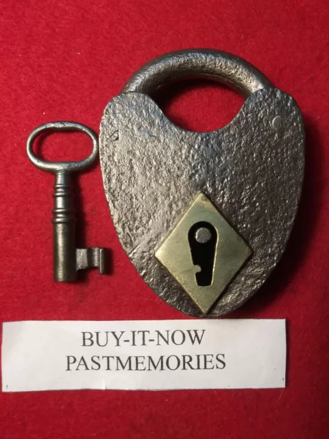 1800's WROUGHT IRON HEART SHAPE LOVE PADLOCK w/ KEY, OLD VINTAGE ANTIQUE LOCK