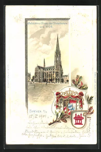 Passepartout-Lithographie Speyer a. R., Gedächtnis-Kirche der Protestation von