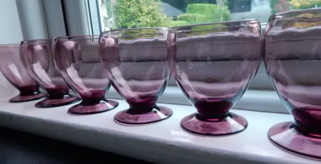 Mouth Blown GLASS GOBLETS Mid Century Purple Amethyst Water Juice Set of 6 300ml