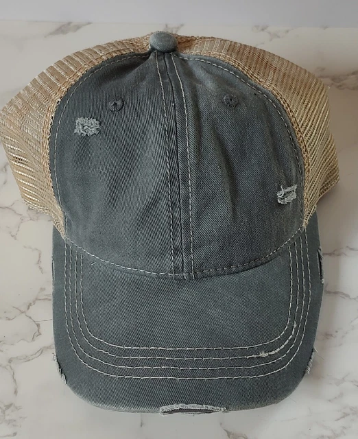 CC Beanie Hat Cap Fitted One Size Grey Beige High Pony Tail Mesh Distressed NWT