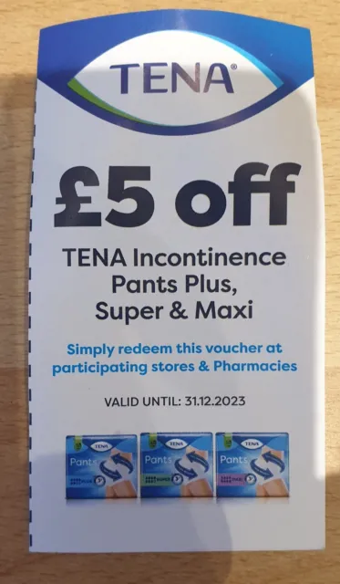 Voucher Coupon. £5 off Tena Incontinence Pants Plus, Super & Maxi. 31.12.23