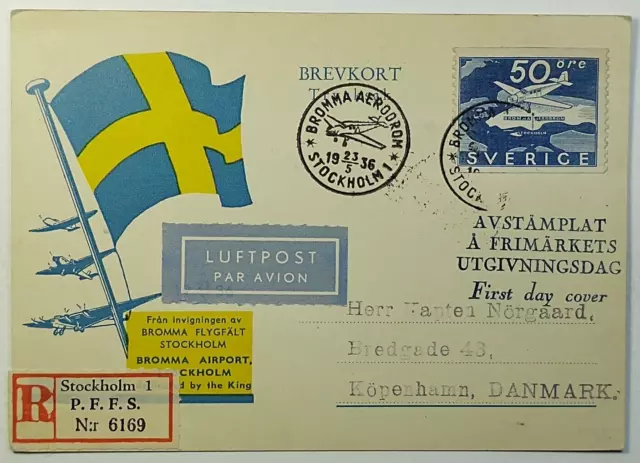 1936 FDC - Sweden First Flight Registered Airmail Cover Stockholm to Copenhagen