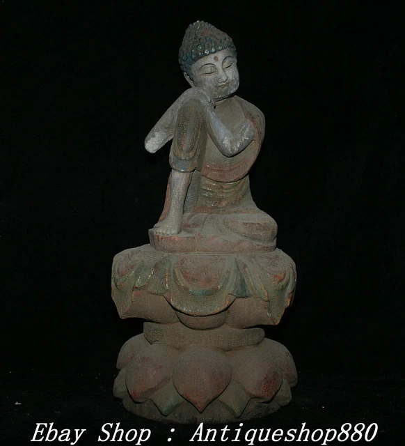 25" Old Dynasty Wood lacquerware Seat Lotus Shakyamuni Amitabha Buddha Statue