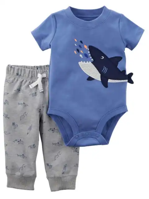 Carters Infant Boys Blue Sharks Fish & Waves Baby Outfit Bodysuit & Jogger Pants