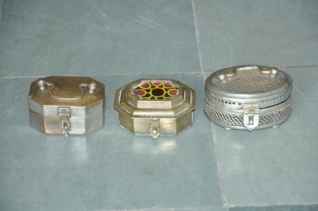 3 Pc Old Brass Handcrafted Engraved,Cut & Glass Work Different Betel Nut Boxes