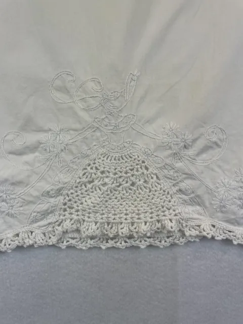 Vintage Hand Embroidered Pillowcase Hand Crocheted Lace Trim Southern Belle