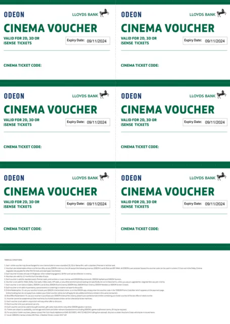 6 x Lloyds Odeon Cinema Tickets, iSense 2D 3D Exp. 09/11/2024 by email