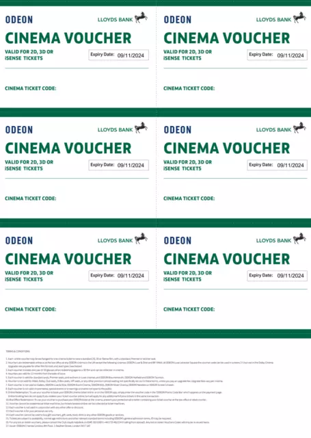 6 x Lloyds Odeon Cinema Tickets, iSense 2D 3D Exp. 09/11/2024 by email