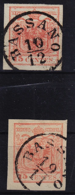 LOMBARDEI-VENETIEN 1850 2Stk.Marke:beide 15C, MP, Type III. BASSANO. Schönes Lot