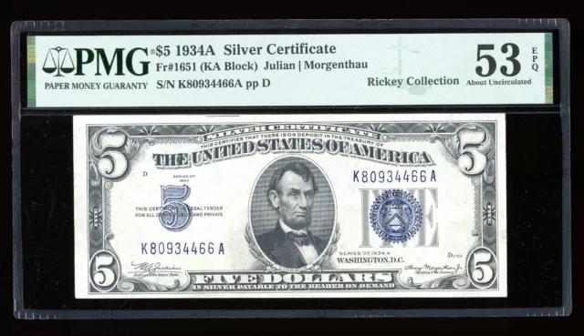 DBR 1934-A $5 Silver Fr. 1651 KA Block PMG 53 EPQ Serial K80934466A