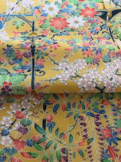 @@ Vintage Japanese kimono silk fabric /smooth crepe, yellow, wisteria D58