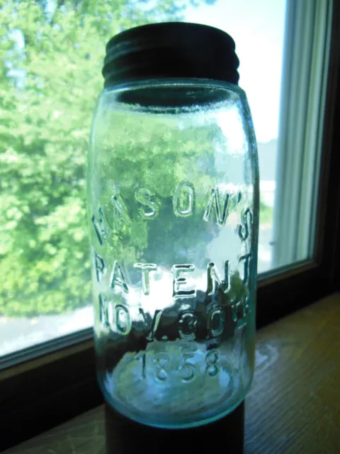 Vtg Whittled Aqua Quart Mason's Patent Nov 30Th 1858 Fruit Jar W/ Zinc Lid
