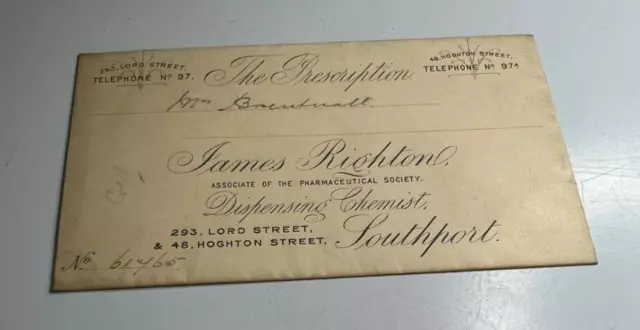 Antique Prescription Envelope  James Righton Chemist  Southport  Miss Brentwall