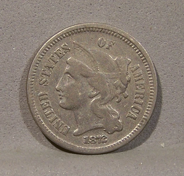 1872 THREE CENTS NICKEL,  Very Fine