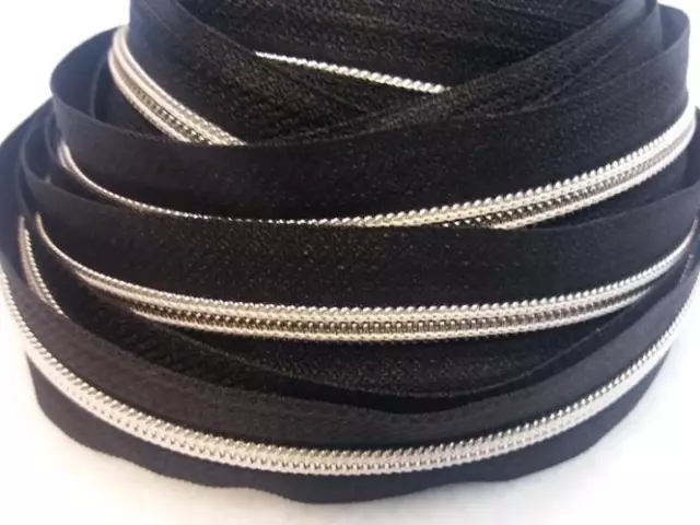 5m Reißverschluss endlos schwarz silber  + 10 Zipper Spiralreißverschlüsse 5mm