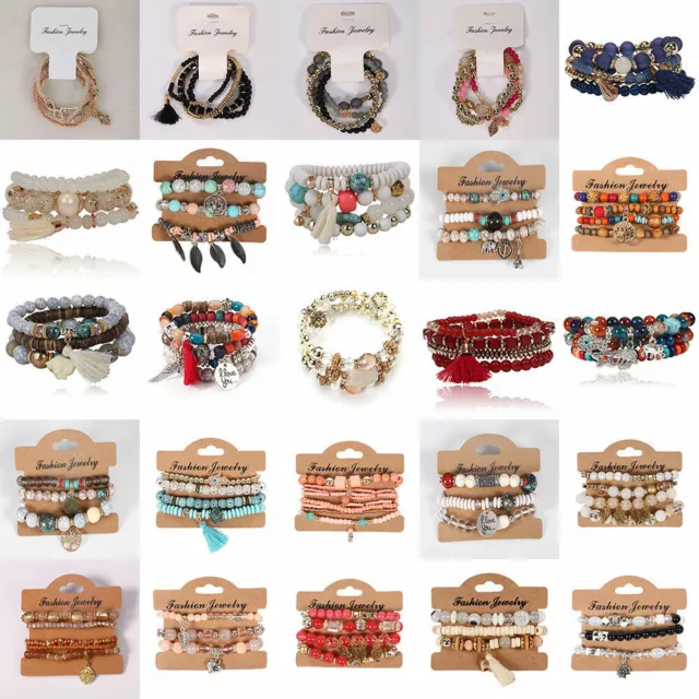 Wholesale Lot Multilayer Boho Bracelets Jewelry Set Crystal Stone Beaded Bangle 3