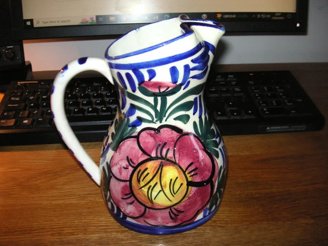 Vintage Rustic Jug Blue, Cream Glazed Pottery Pitcher Water Flowers Utensils