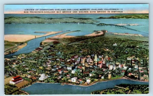 OAKLAND, California CA ~ Aerial View LAKE MERRITT & Bridges c1940s  Postcard