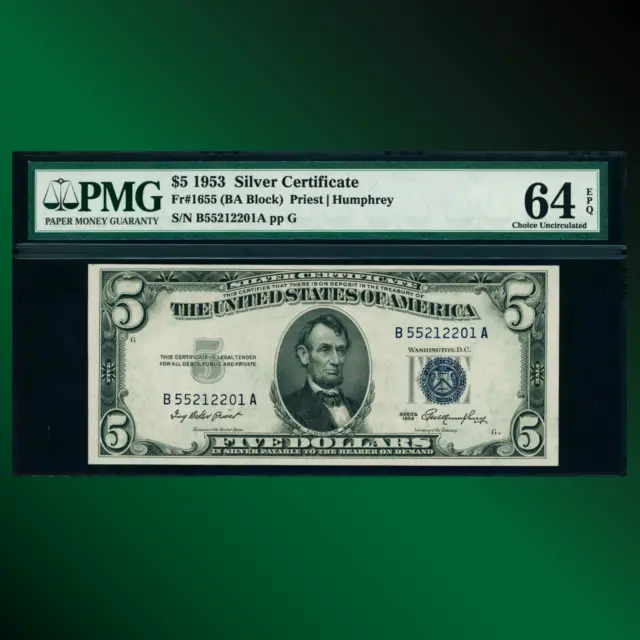 Fr.1655 1953 $5 Five Dollar Silver Certificate B/A Block, PMG 64 EPQ, 12201