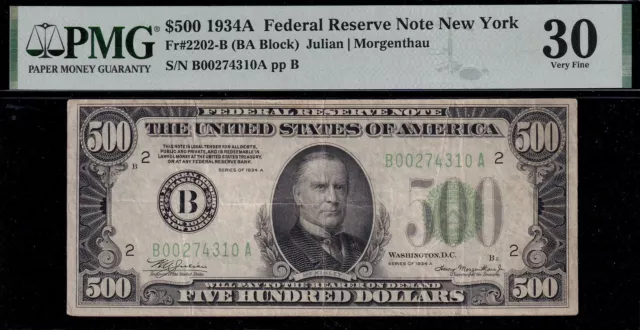 1934A New York  $500 Five Hundred Dollar Bill Federal Reserve Note PMG VF 30 Ink