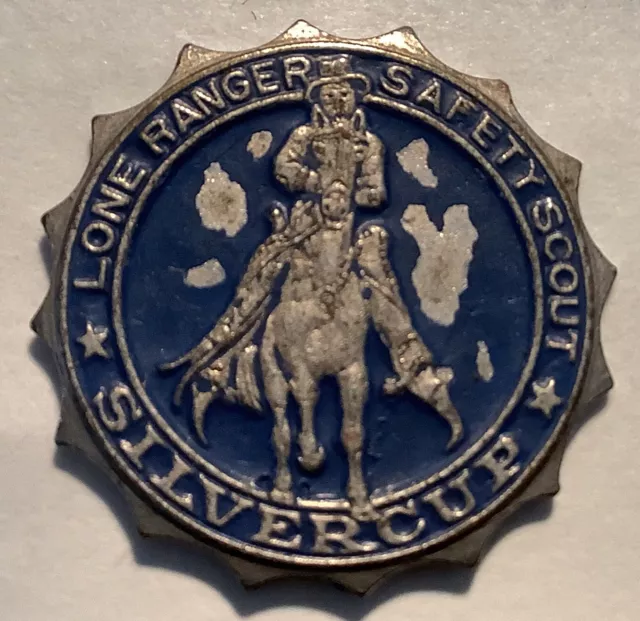 Vintage BLUE AND SILVER WORN Lone Ranger Safety Scout Silvercup Pin MISSING PIN