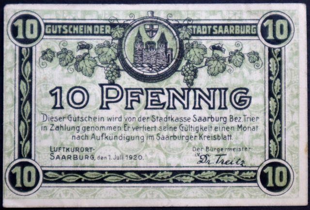 SAARBURG 1920 10 Pf circulating Notgeld Saarland Saargebiet