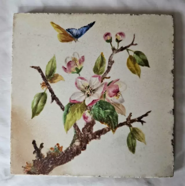 Minton Antique Butterfly & Flower Design 6 Inch Tile