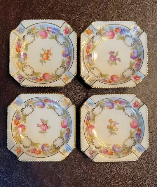 Schumann Germany Empress Dresden Flowers Square Ashtray 3” x 3", Set of 4