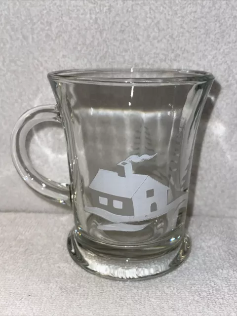 Anchor Hocking Clear Etched Snowy Cabin/ Pine Trees Coffee Tea  Mugs