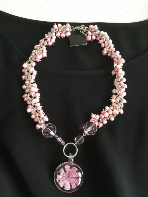 collier perle d'eau douce avec pendentif en verre fleur et bracelet assorti