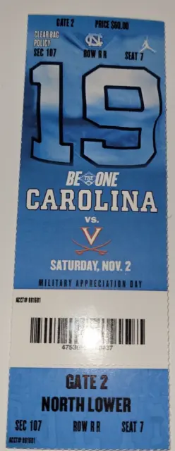 11/02/2019 UNC North Carolina Tar Heels vs Virginia Cavaliers Football Ticket