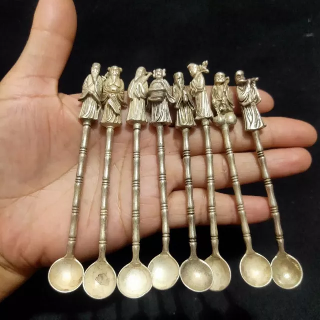 Old Chinese tibet silver carving Eight Immortals Spoon statue Set 2961