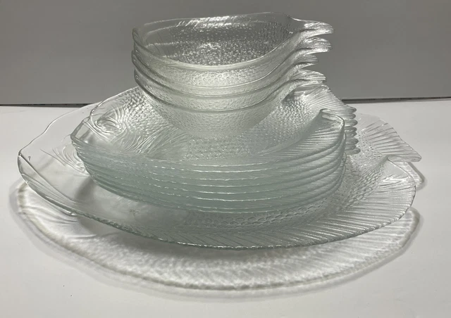 Set 13 Pc Arcoroc Poisson Fish Dishes Platter Dinner Plates Bowls Clear Glass