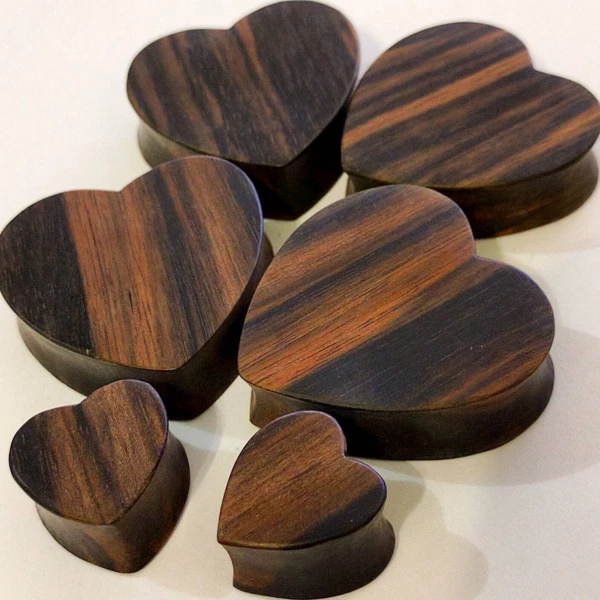 Organic Handmade Carved Wood Solid Heart Striped Ear Plugs Gauges 00G - 1 1/4"