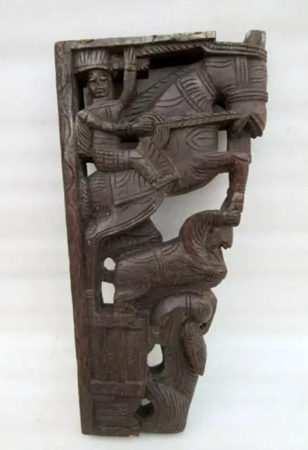 Antique Old Wooden South Indian Horse Lion Bird Figure Temple Door Panel Bracket