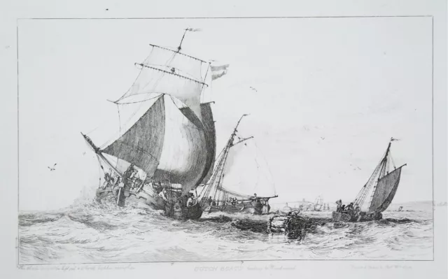 DUTCH BOATS Beating to Windward - 1830 Original Etching Print by E.W. Cooke