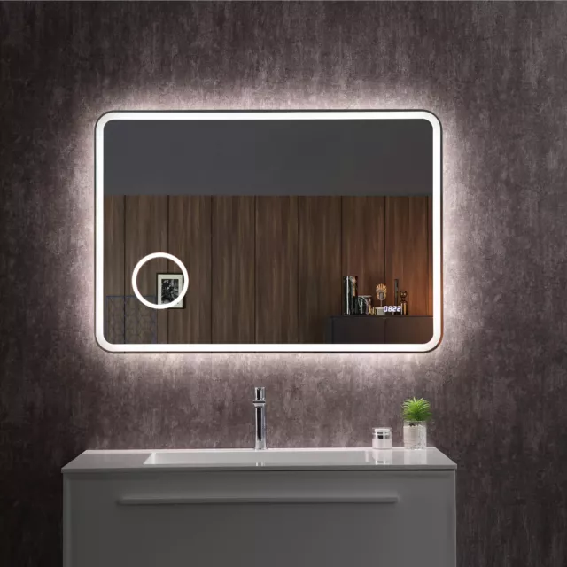 Specchio bagno rettangolare LED con orologio ingranditore e accensione a sfioro