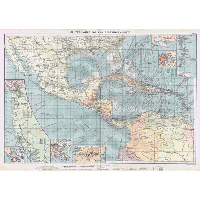 CENTRAL AMERICA and WEST INDIAN PORTS Large Antique Mercantile Map 1904