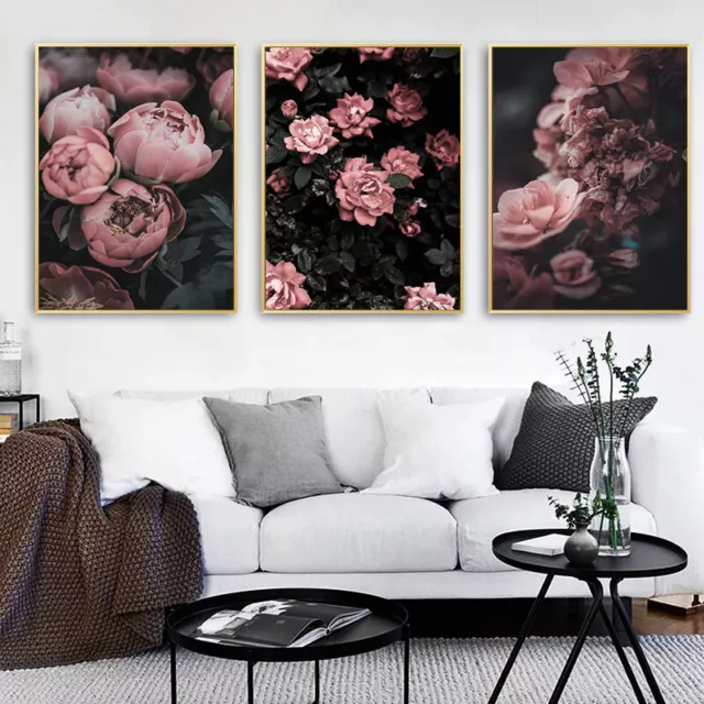 Poster Pfingstrosen dunkel 3er Set Canvas Rosa schwarz grün A4 Format Wanddeko