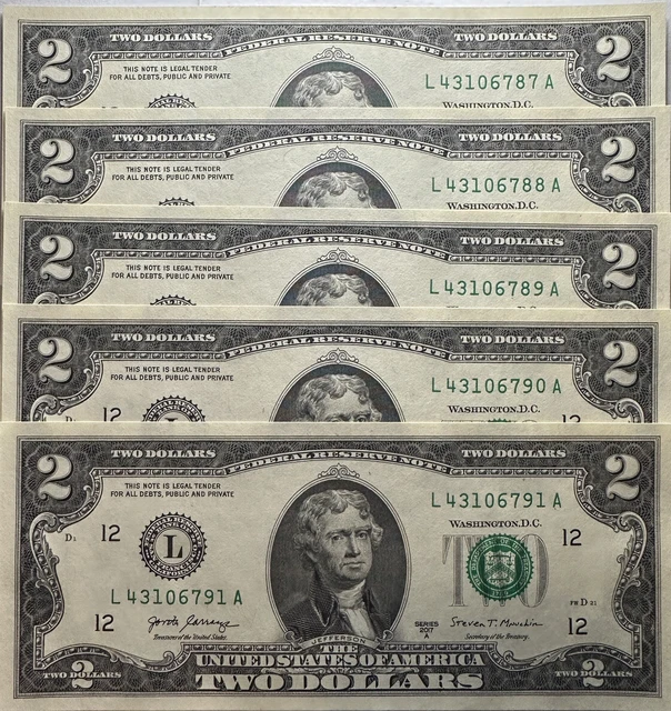 **5 CRISP Uncirculated/Sequential $2 Two Dollar Bills** Series 2017 A.