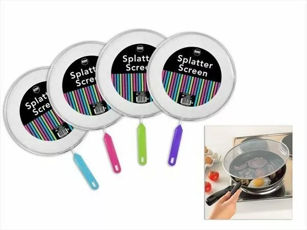 2 x Metal Frying Pan Food Splatter Guard Screen Cover With Coloured Handle