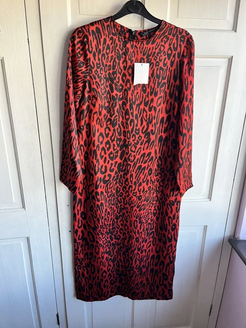 zara red animal print midi dress Zara Dress XS Silky Animal Print Midi Length Red Black