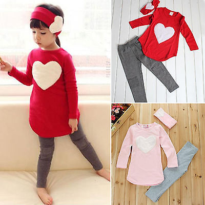 Kids Girls Clothes Heart Long Sleeve Top Pants Headband Winter Outfits Sets Suit