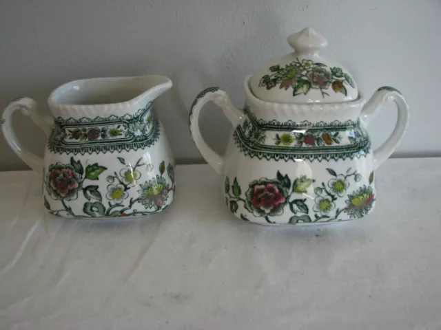 CREAMER & SUGAR BOWL w/ LID green transferware vintage WOOD DORSET floral toile