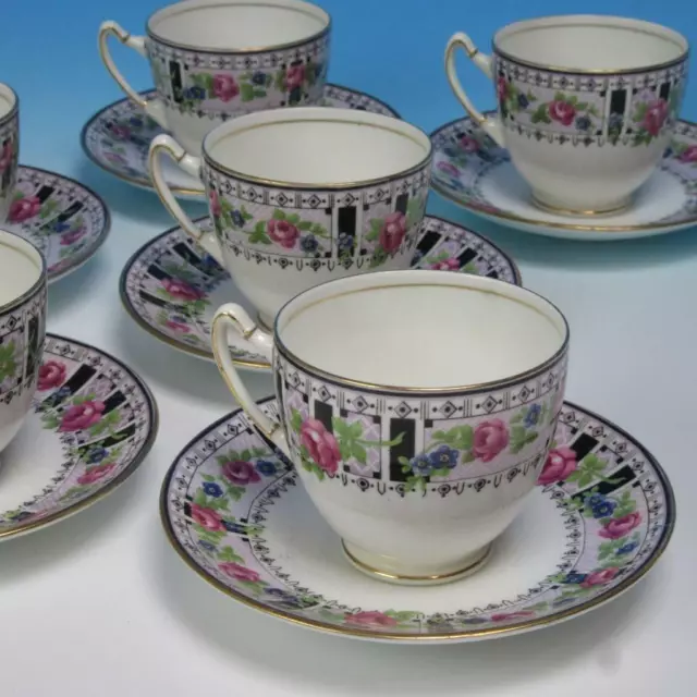 Paragon China England - Red Rose Blue Flowers - 6 Demitasse Cups and Saucers